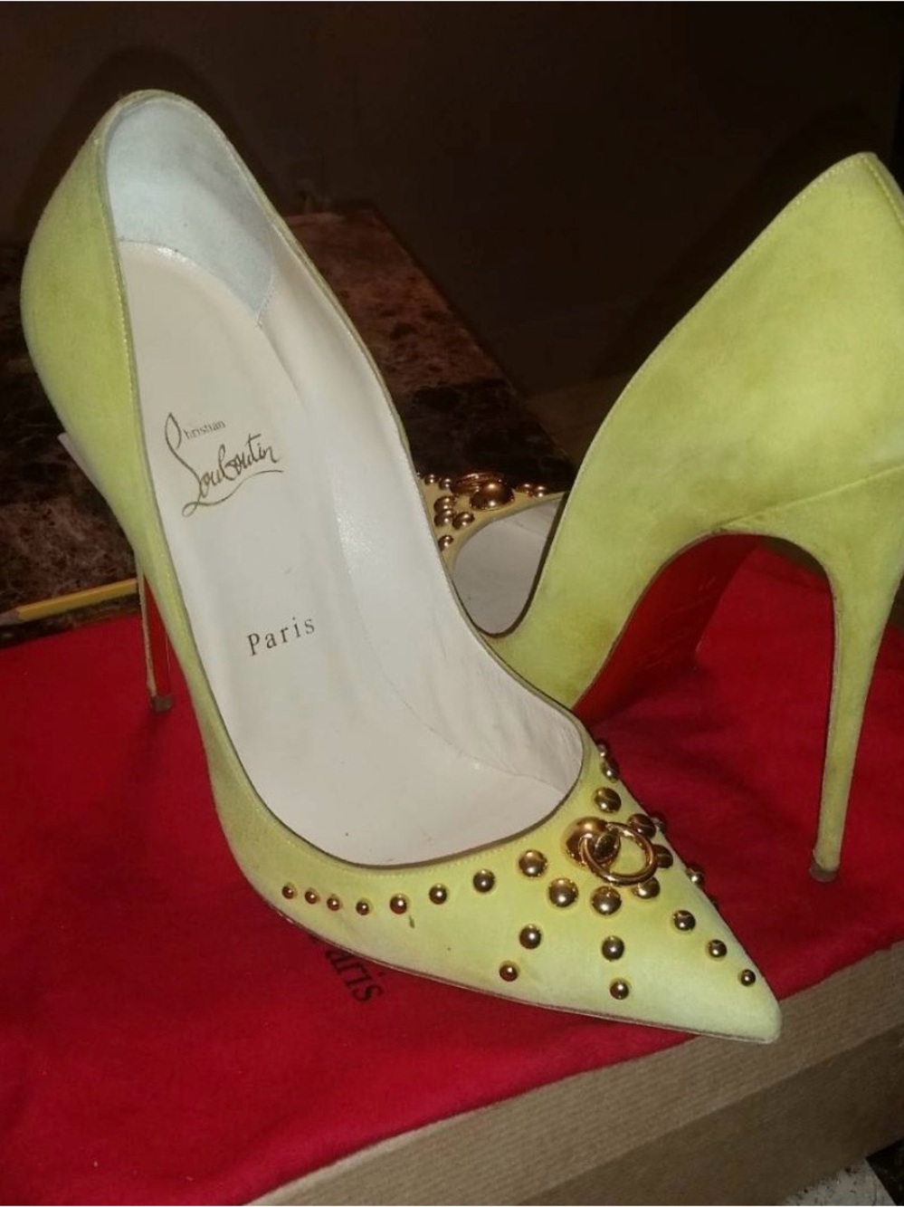 Christian Louboutin Lime Green Suede Studded Pointed Toe Pumps